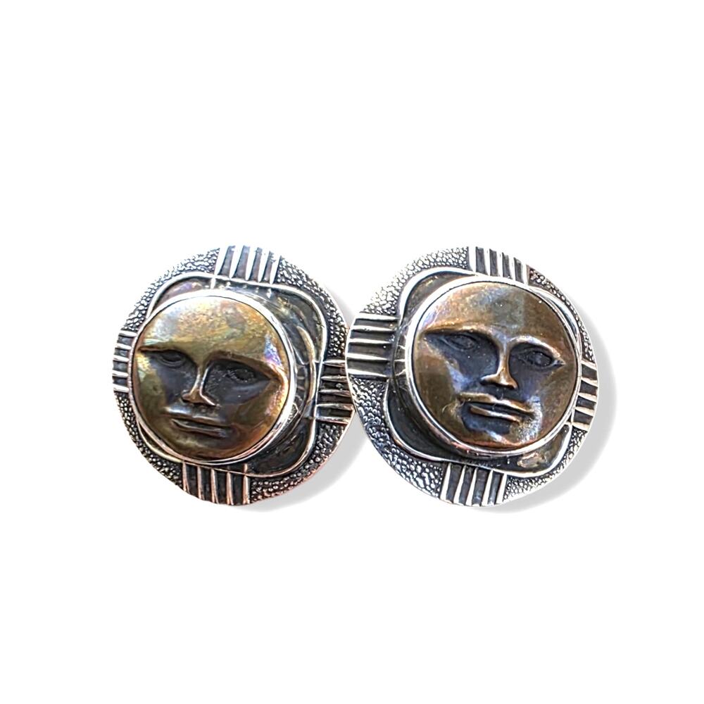 Vintage Tabra Sun God Tribal Shield Sterling Bronze Cuff Links signed Celestial